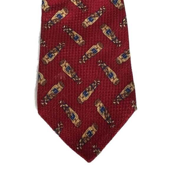 Wembley Red Christmas Tie with Gold Instruments and Green Bows - Picture 2 of 6